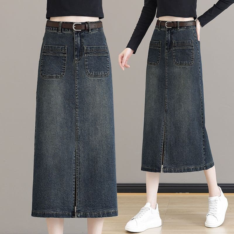 High-waisted, slit denim midi skirt, new autumn/winter style, bodycon skirt, slimming, mid-length, over-the-knee.
