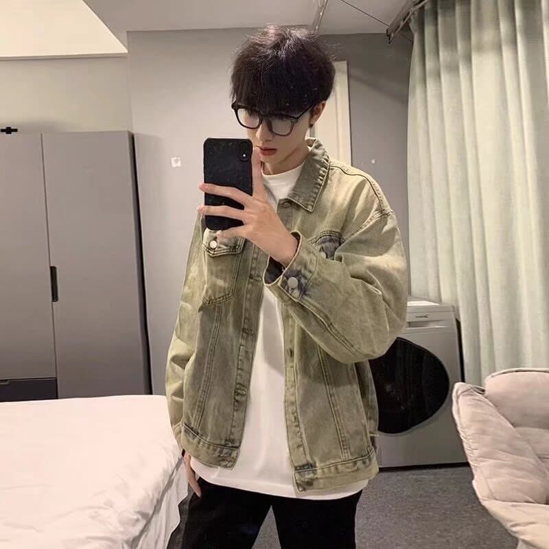 Cross-border American Vintage Yellow Mud Denim Jacket Men's Turn-down Collar Trendy Loose Fit Multi-pocket Youth Denim Jacket