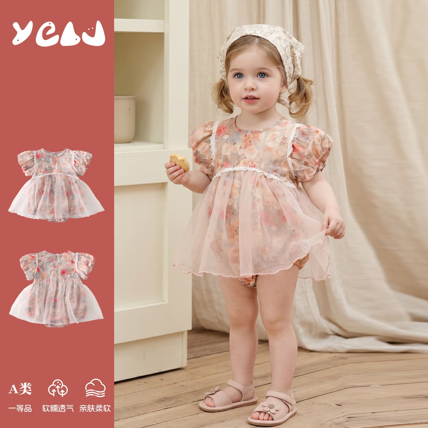 Baby Floral Mesh Bodysuit Dress Summer Girl Bubble Sleeve Lace Trim Romper Princess Style