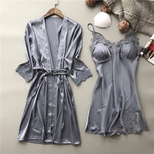 European and American Best-Selling Sexy Lingerie Lace Camisole Trimmed Nightgown Women's Homewear Two-Piece Set Source Wholesale