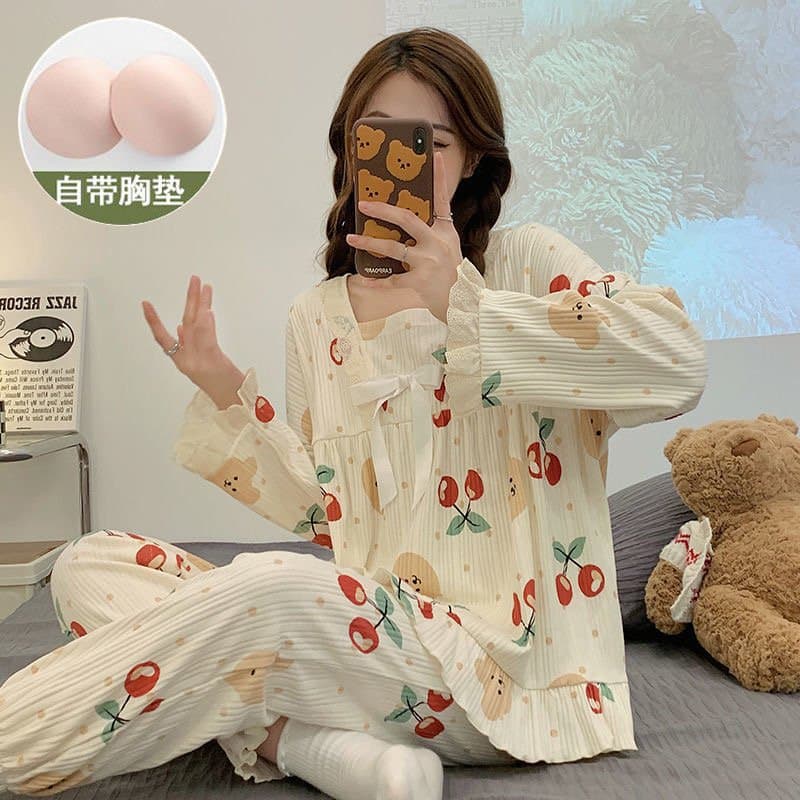 Pajamas with Bra Inserts Spring Autumn Women 2024 New Long Sleeve Long Pants Princess Style Sweet Cute Loungewear Set