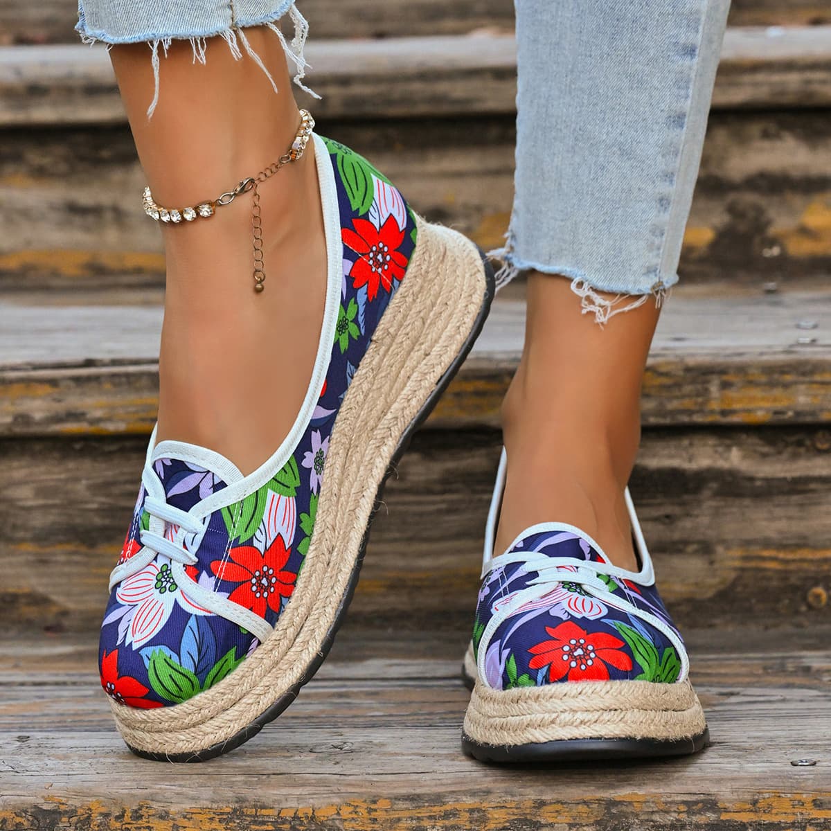 2025 Autumn New Jute Sole Printed Wedge Fisherman Shoes Large Size Thick Platform Slip-On Loafers