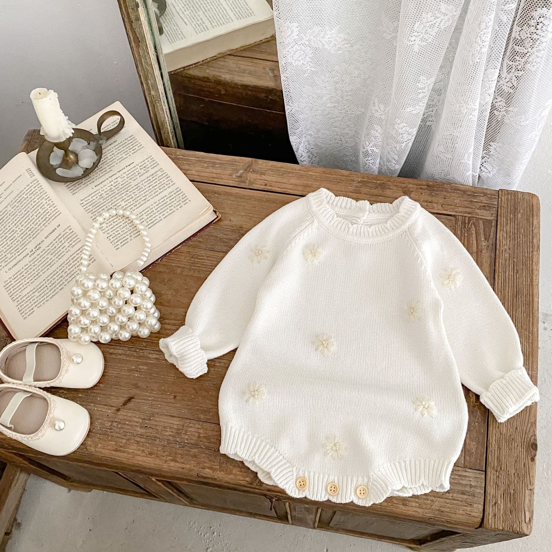 Baby Knit Sweater 0-2 Years Spring Girls Cotton Romper Hand Crochet Flower Long Sleeve Jumpsuit Crawling Suit