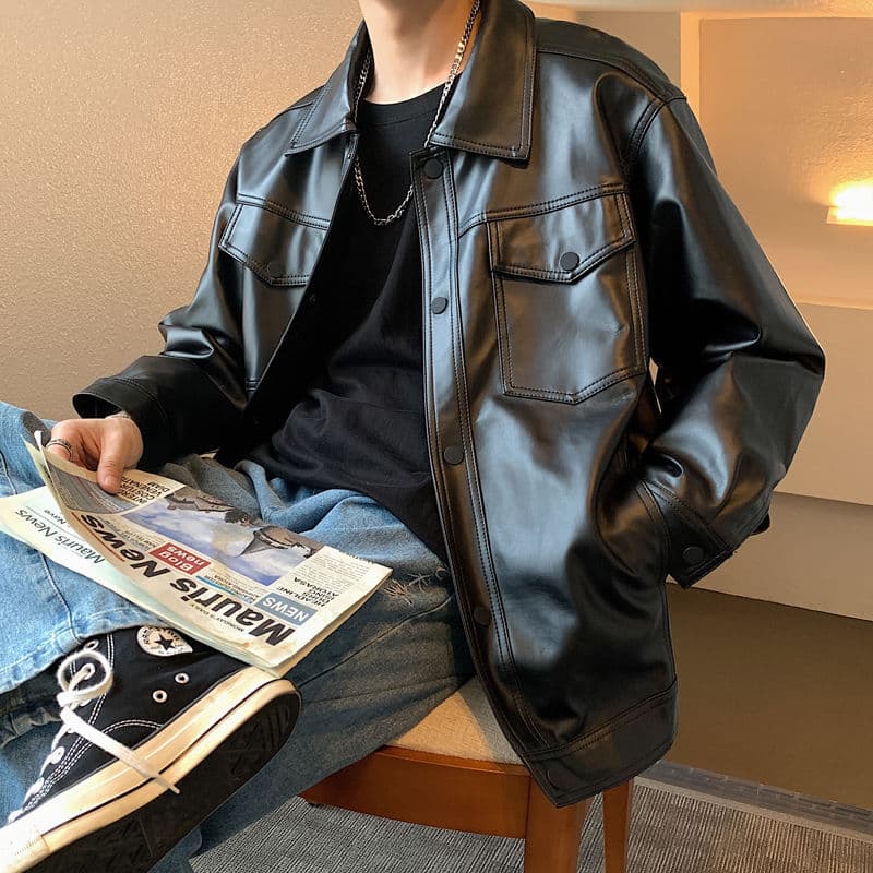 American-style spring and autumn motorcycle leather jacket for men, Korean style trendy PU leather, Hong Kong style loose fit, versatile and handsome jacket.