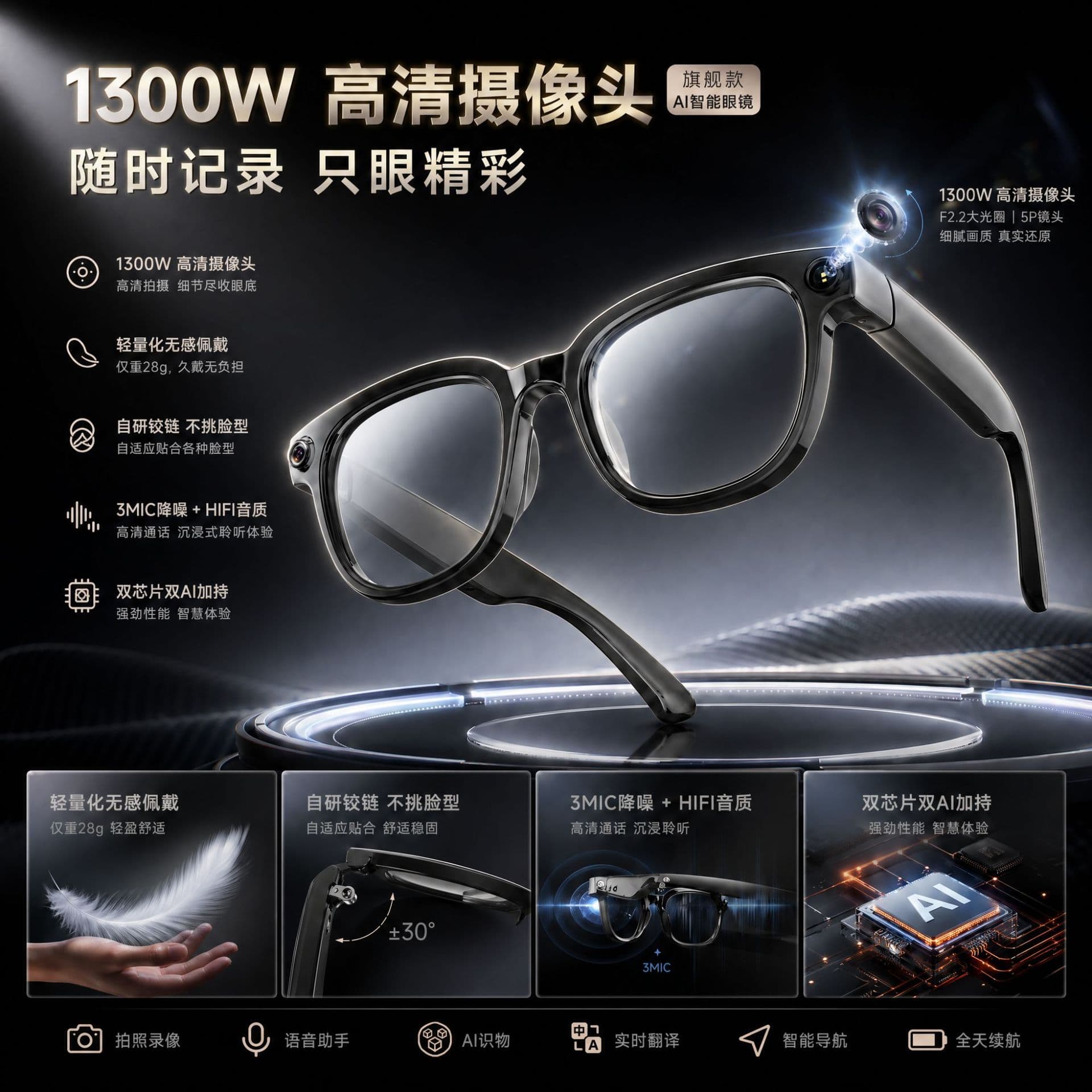 AI Smart Glasses with Camera, Bluetooth, Translation, Video Recording, New Model, Cross-border AI Glasses