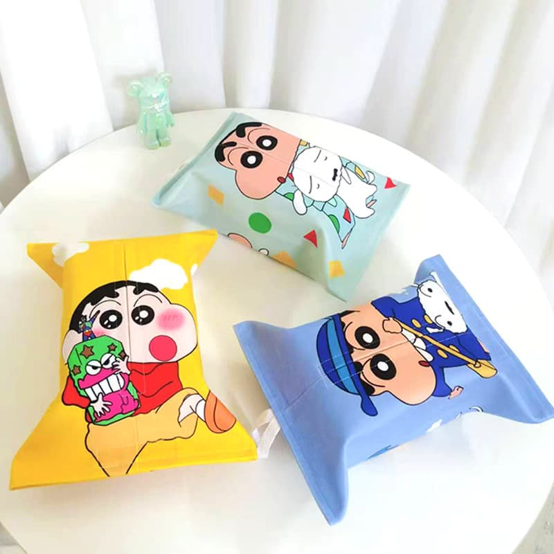 Crayon Shin-chan printed fabric tissue box with logo, cute tissue bag for car, living room, and bedroom