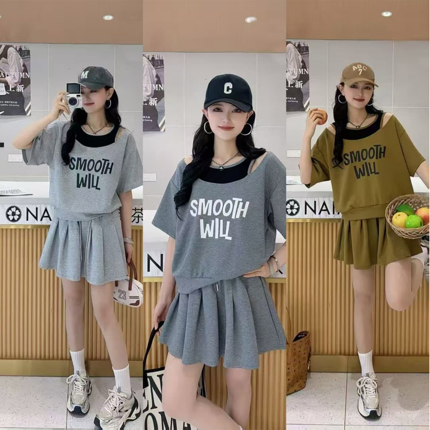 Cool Silk Cotton Women's Outfit Set Fake Two-Piece T-Shirt Top Slim Casual Pleated Skirt Set for Women Summer