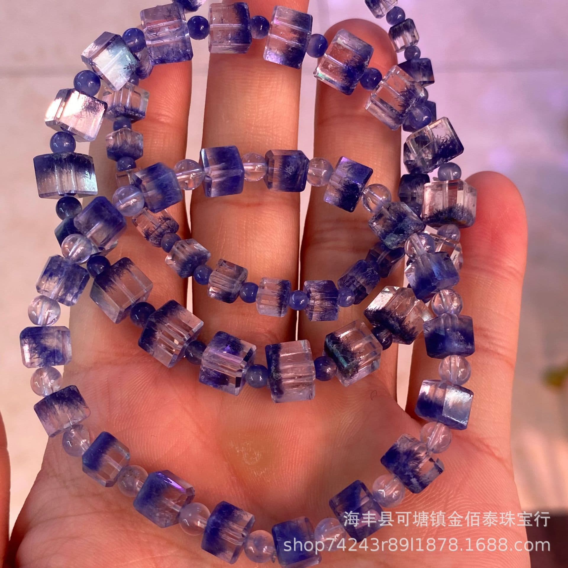 Natural Dumortierite Cube Beaded Bracelet High Quality Treasure Bowl Deep Monet Cyan Blue Natural Blue Line Crystal Wholesale