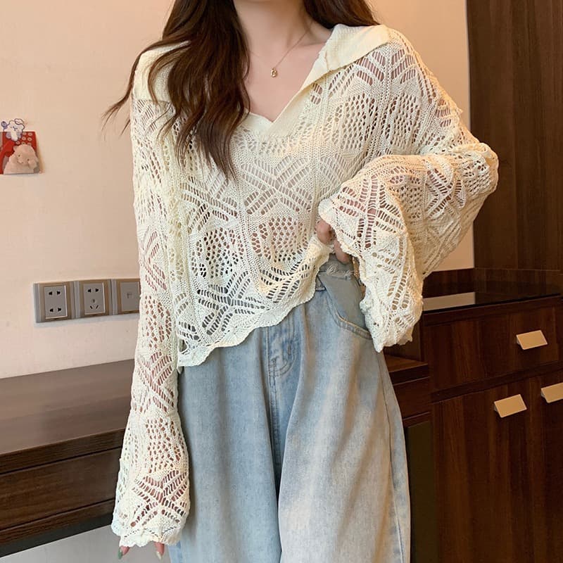 Hollow Design Trendy Early Spring Long-Sleeve Knit Top for Women, New Turn-Down Collar Flared Sleeve Short Sweater