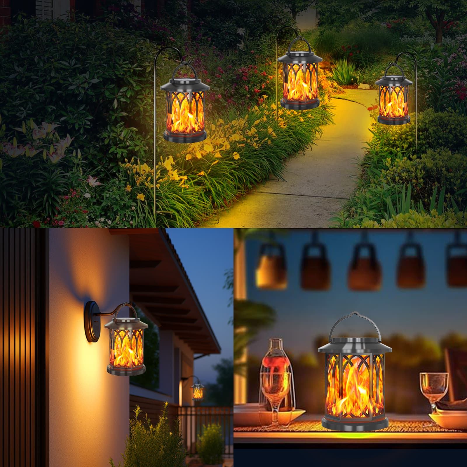 Solar courtyard light outdoor 28-LED flame lantern, hollow-out design, waterproof wall light, ground spike lawn projection spotlight