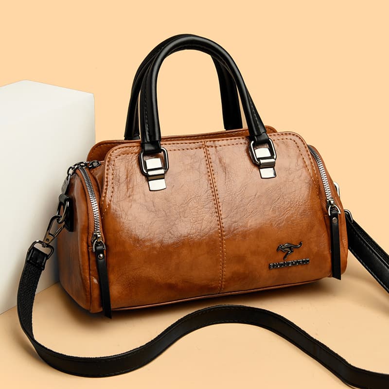 Women's Bags 2025 New Retro Contrast Color Boston Pillow Bag Soft Leather Portable Large Capacity Middle-aged Mom Bag