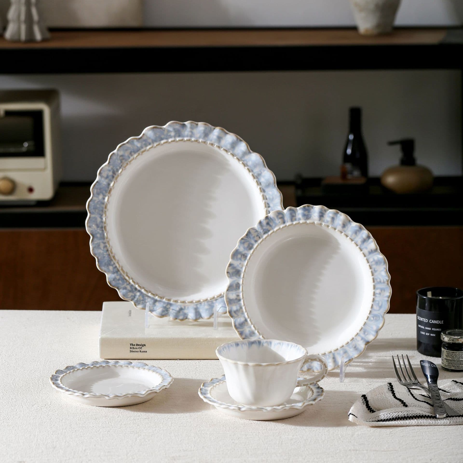 French light fog blue ceramic tableware set, dishes, dishes, Western-style dishes, deep plate soup bowl set for home use