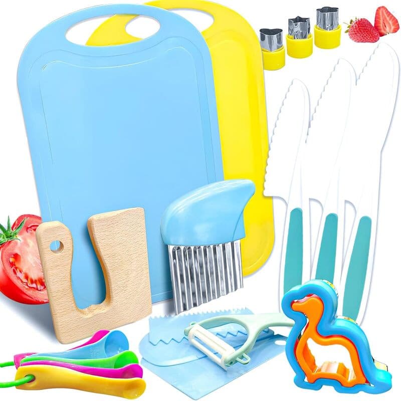 Amazon 16PCS Children's Plastic Knife Set Children's Cartoon Apron Fruit and Vegetable Embossing Mold Kitchen Gadgets