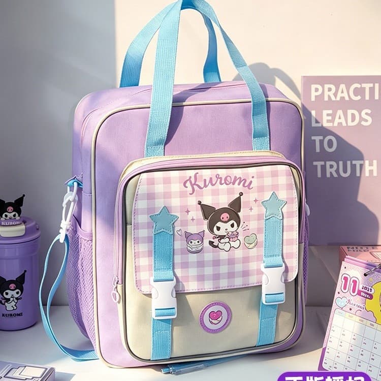 【Sanrio Official Licensed】Kuromi School Bag, Elementary Student Tote Bag, Handbag, Convertible Backpack for Girls