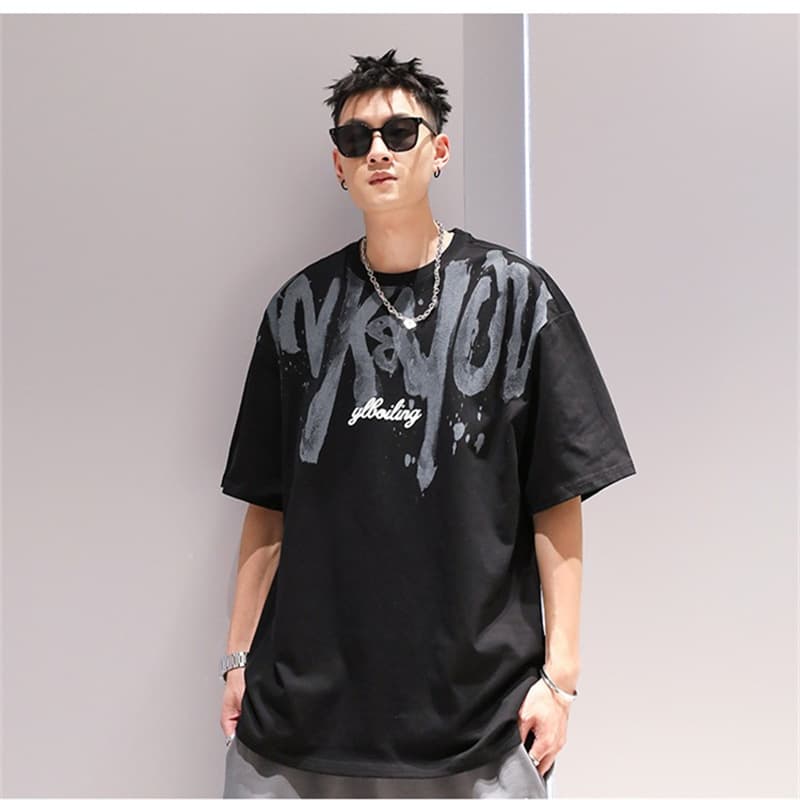 Summer Plus Size Loose Short Sleeve T-Shirt for Men, American Hip Hop Style, Bold Letter Print Half Sleeve Top