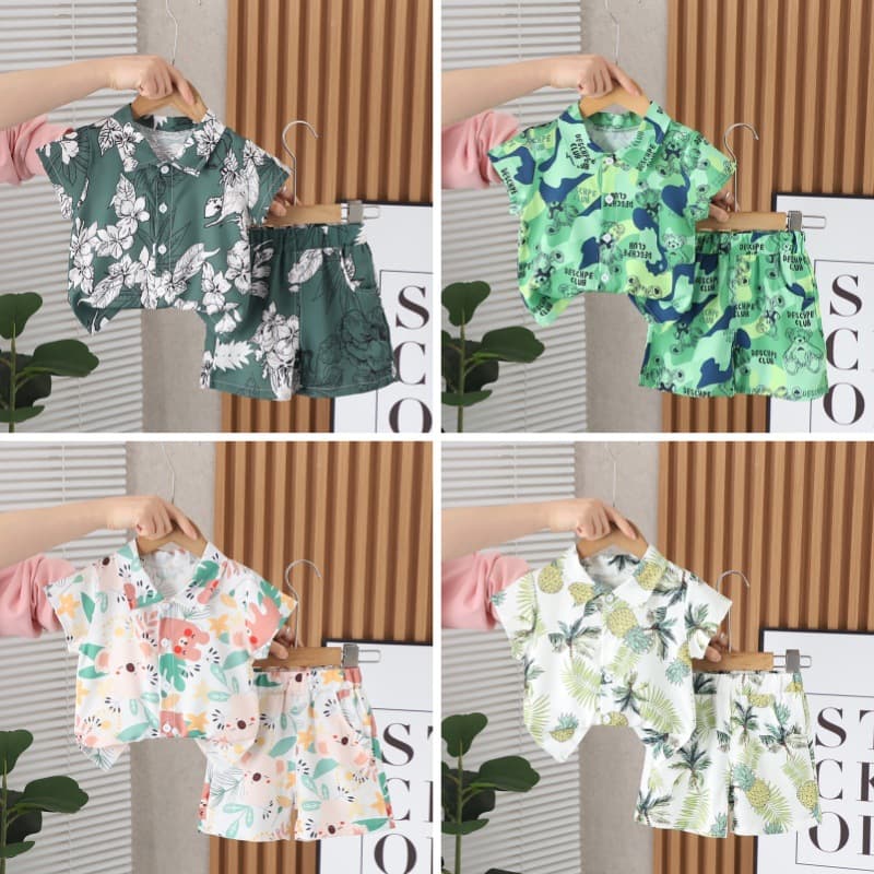 Boys Summer Shirt Set Children's Fashionable Hawaii Beachwear Short Sleeve Soft Cotton Two-Piece Suit for Small to Medium Children