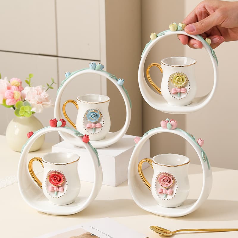 Creative Ceramic Flower Basket Coffee Cup & Saucer, Espresso Cup, Hand-Pinched Flower Coffee Cup, Ceramic Afternoon Tea Coffee Cup & Saucer