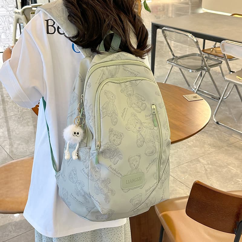 High-Aesthetic Bear Print Backpack for Girls, Lightweight and Large Capacity, Middle and High School Student Backpack, Casual Travel Bag