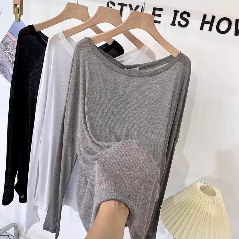 Solid Color Blouse Thin Off-Shoulder Wide Round Neck Sheer Knit Sun Protection T-Shirt Women's Summer Slimming Fashion Air Conditioning Shirt