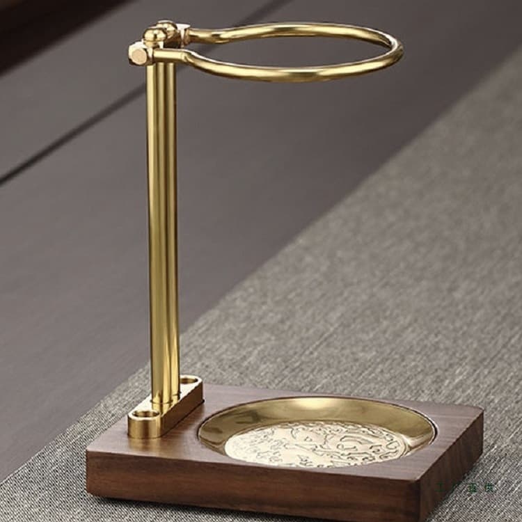 Walnut and brass lazy tea brewing stand, Kungfu tea set accessory, tea strainer base and holder