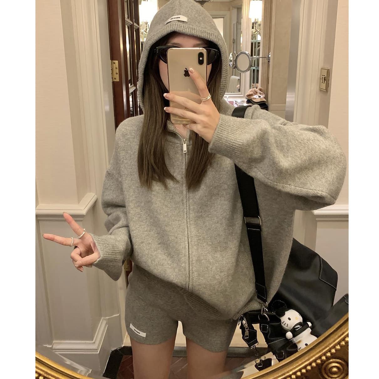 French Petite Gray Versatile Set: Simple Relaxed Knit Cardigan Hoodie + Shorts for Women