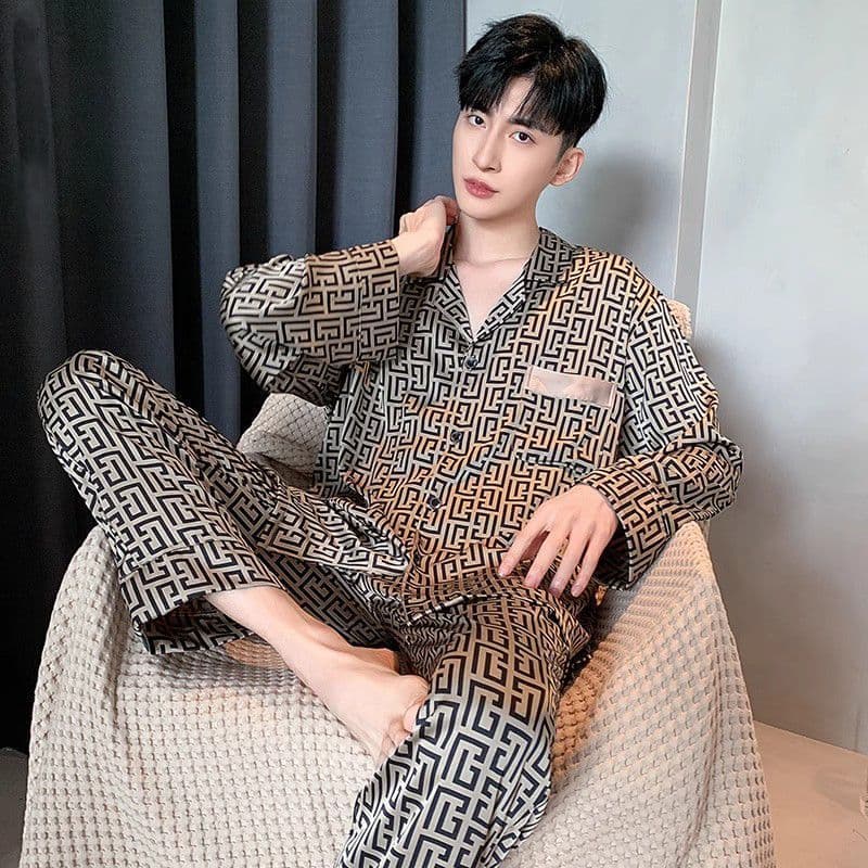 Ice Silk Pajamas Men Spring Autumn Thin Long Sleeve Long Pants Casual Outdoor Home Wear Men Summer Cool Feel Set
