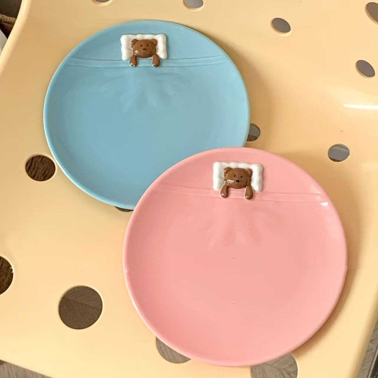 Cute Bear Lid Pink Dinner Plate Ceramic Salad Home Creative Solid Color Pasta Dish Fruit Plate