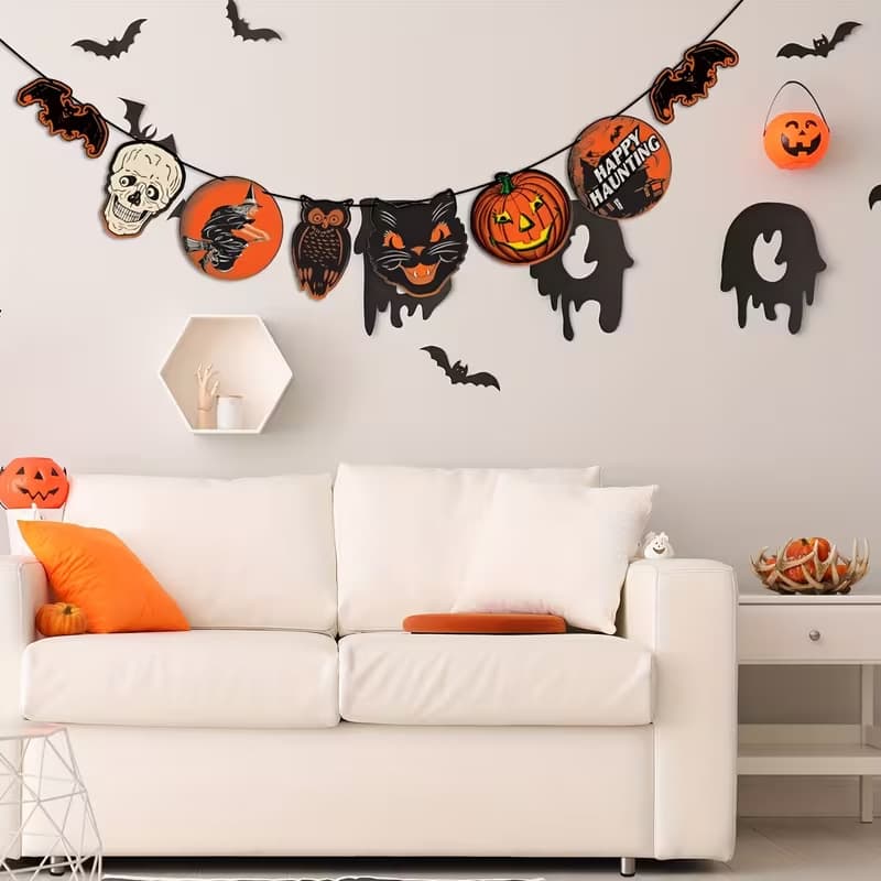 Retro Halloween Banner Spooky Decorations, Vintage Party Supplies for Home and Office