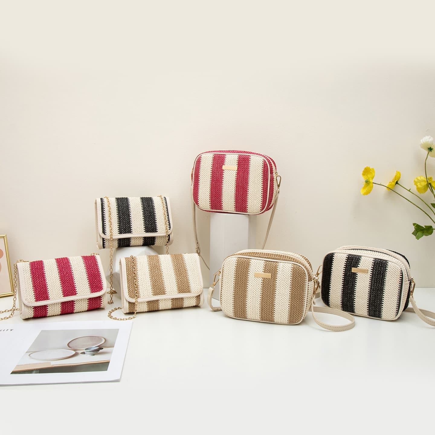 Cross-border bag wholesale 2026 women's straw woven bag color matching camera bag printed striped woven bag fashion crossbody bag