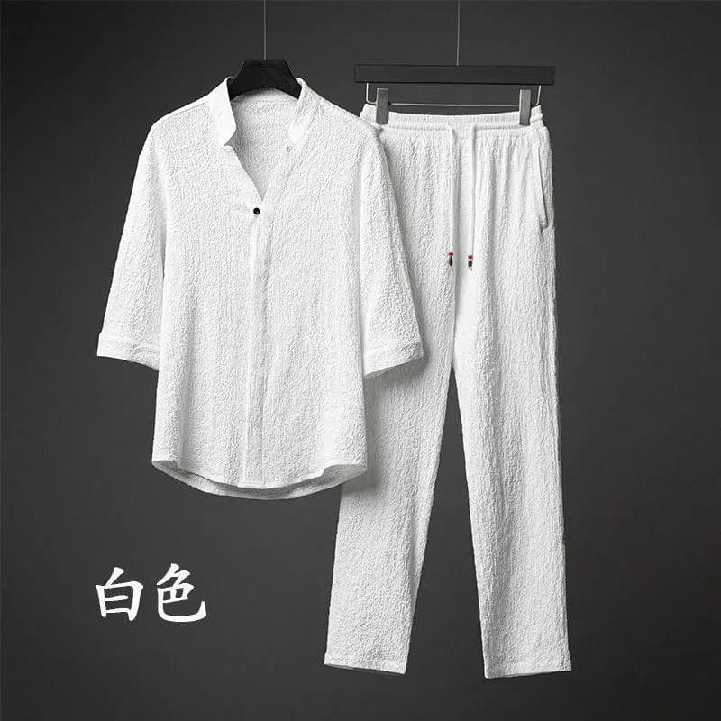 New Men's Trendy Accessible Luxury Three-Quarter Sleeve Ice Silk Suit Men's Summer Large Size Loose Mid-Sleeve Two-Piece Set 00