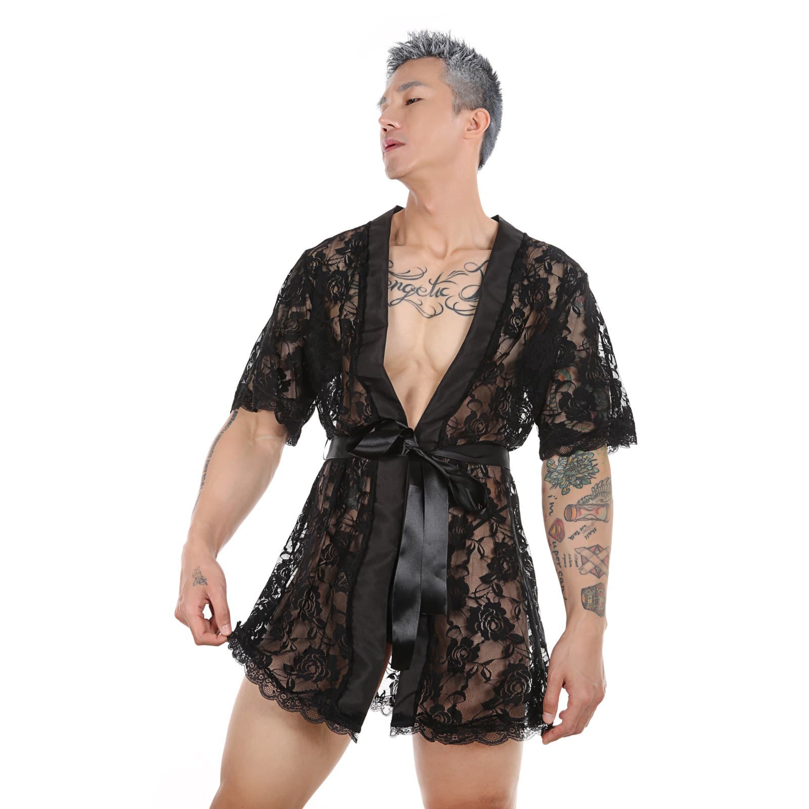 Wholesale Men's Super Sexy See-Through Temptation Sexy Nightgown Lace Transparent Thong Bathrobe Home Wear Set