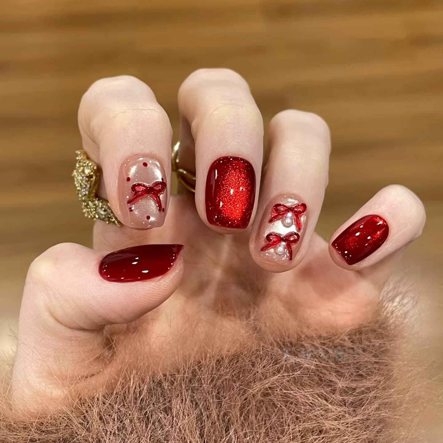 New Year Battle Armor Red Bow Cat Eye Handmade Wearable Nails Short Style White-Enhancing High-End Nail Tips