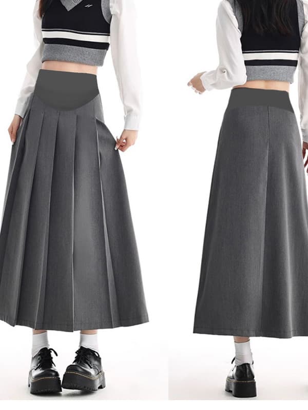 Maternity Pleated Half Skirt Spring Summer Vintage Midi A-Line Skirt Gray Slim Fit Suit Umbrella Skirt