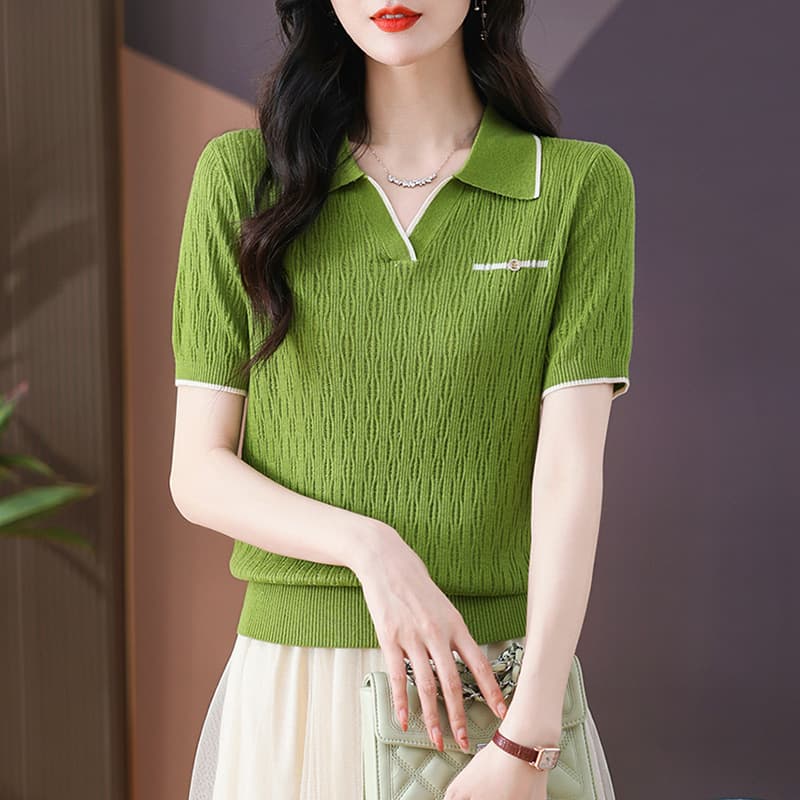 Short-Sleeve Women's T-Shirt Summer 2025 New Arrival Stylish Young Mother Fashionable Thin Knit Shirt Polo Collar Ice Silk Top