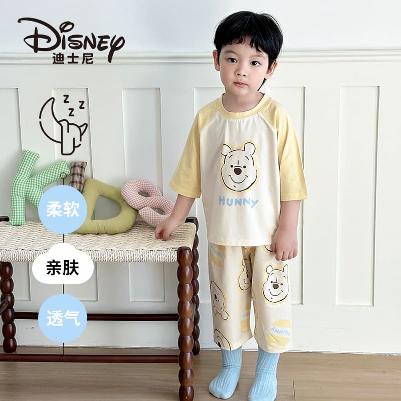 Boys and Girls Pajama Set, Summer Thin Children's Homewear, Seven-Sleeve, Medium and Large Kids Baby