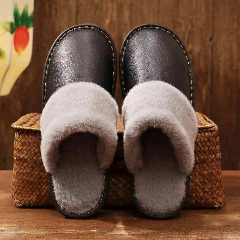 Haining Full-Grain Cowhide Slippers, Genuine Leather Silent Rubber Sole, Winter Warm Home Use, Promotional Gift Slippers