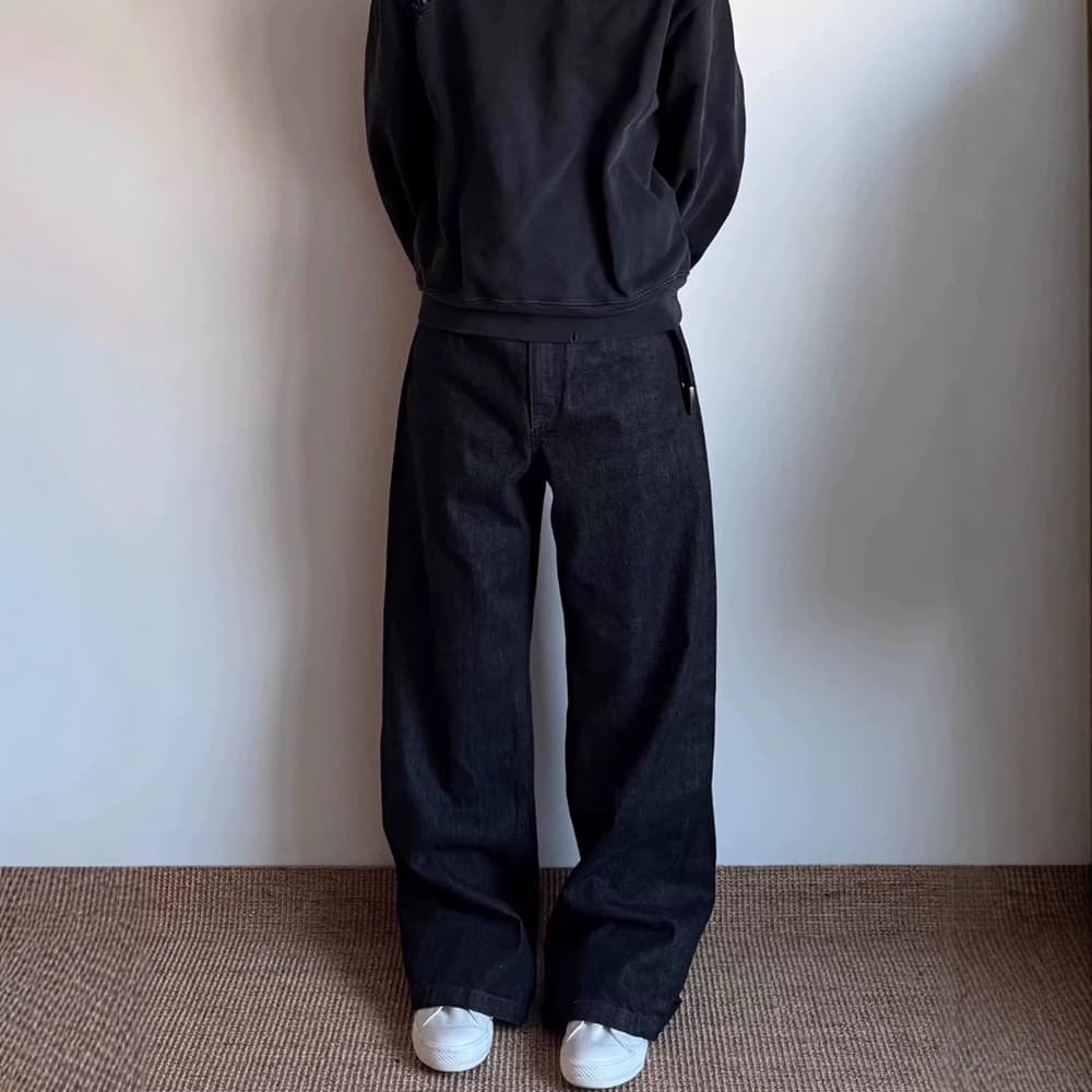 High-quality black selvedge narrow-width raw cow straight-leg slightly flared wide-leg A-line heavy wash jeans