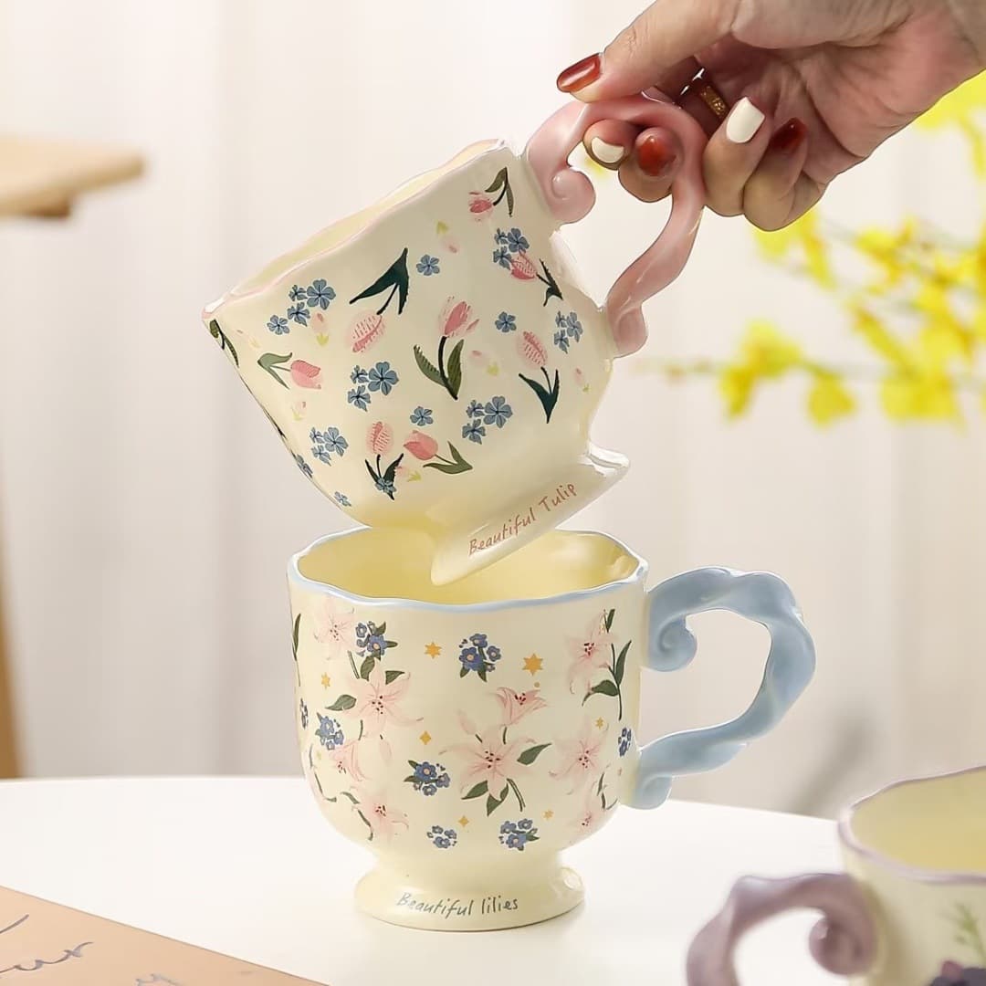 Fresh Vintage Floral Ceramic Mug, High-Aesthetic Office Water Cup Coffee Cup, Home Breakfast Cup Gift