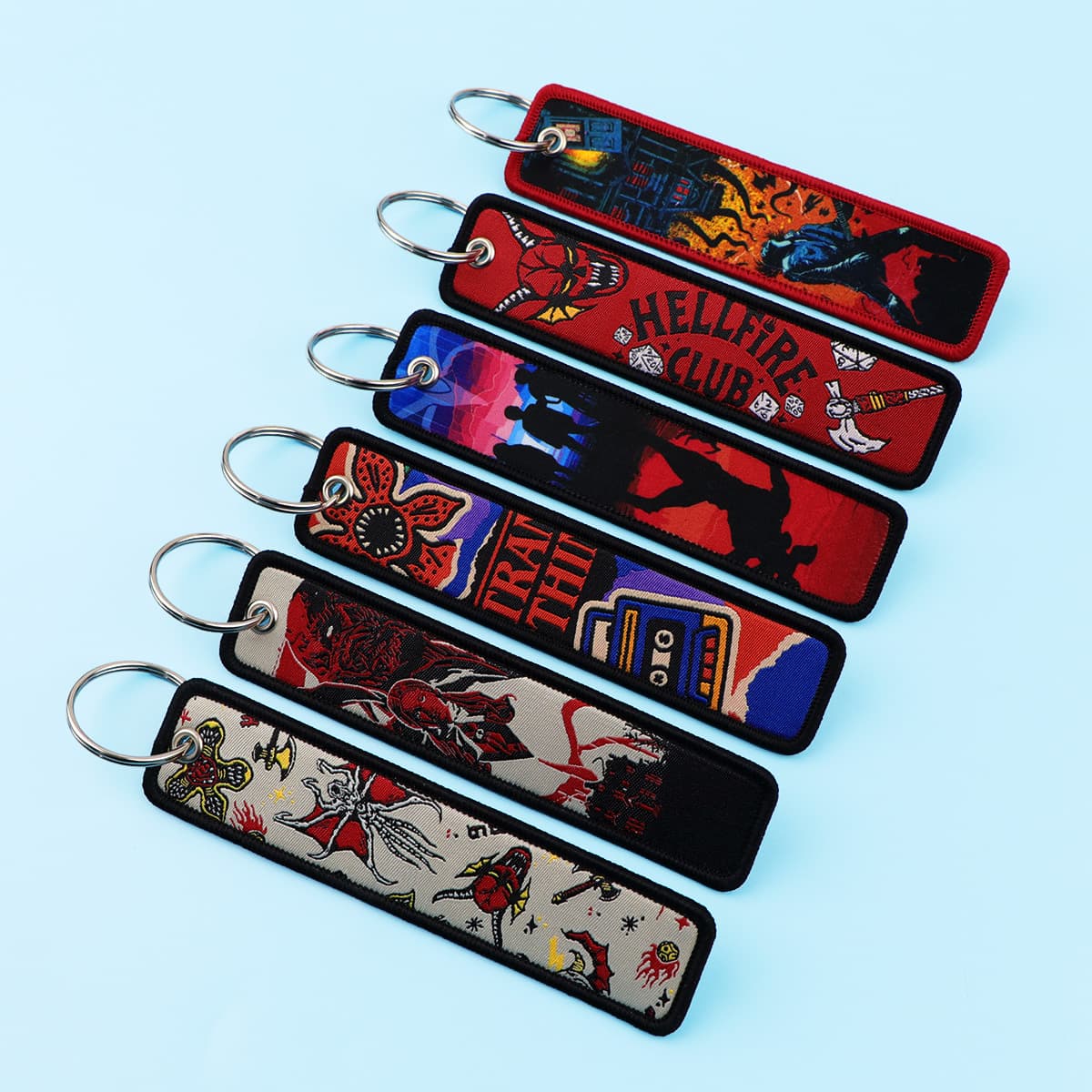 Cartoon Stranger Things Woven Badge Keychain for Student Campus Access, Office ID Card Holder, Fabric Keychain