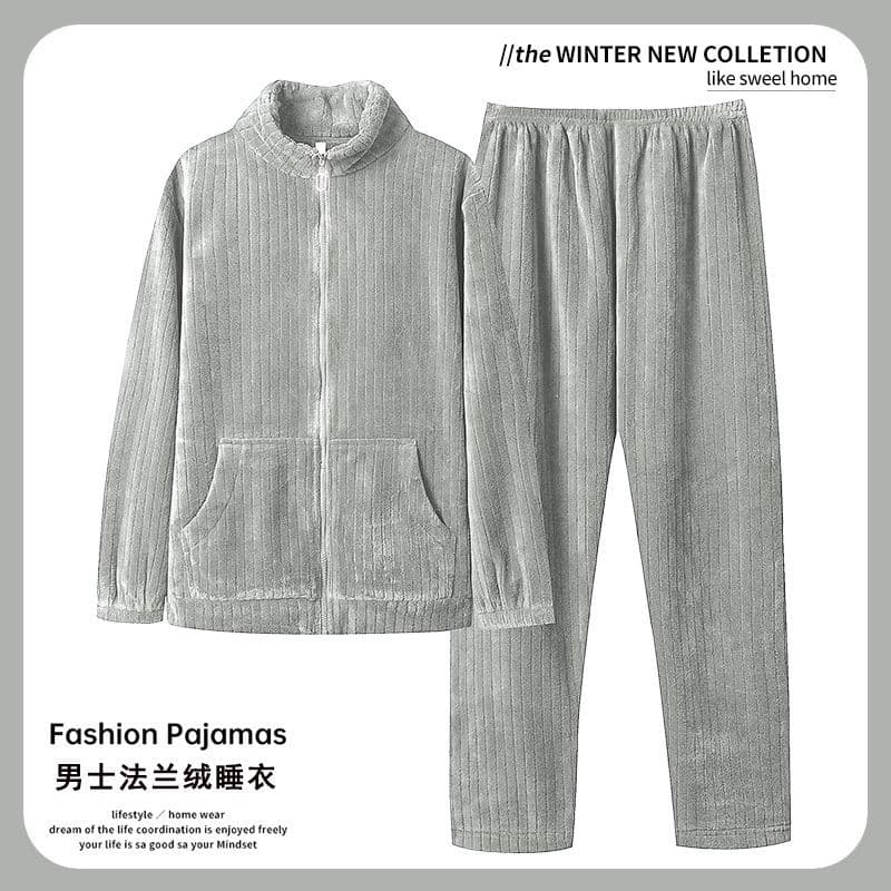 Men's Wearable Outdoor Sleepwear Coral Fleece Autumn Winter Zipper Sporty Stylish Flannel Home Suit Set Spring Autumn