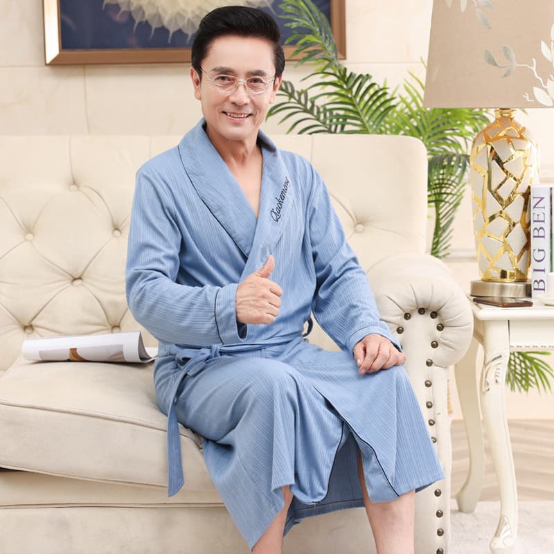 Men's Cotton Bathrobe for Spring and Autumn, Long-Sleeve Pajama Robe for Middle-Aged and Elderly Fathers, Loose Fit Plus Size Homewear