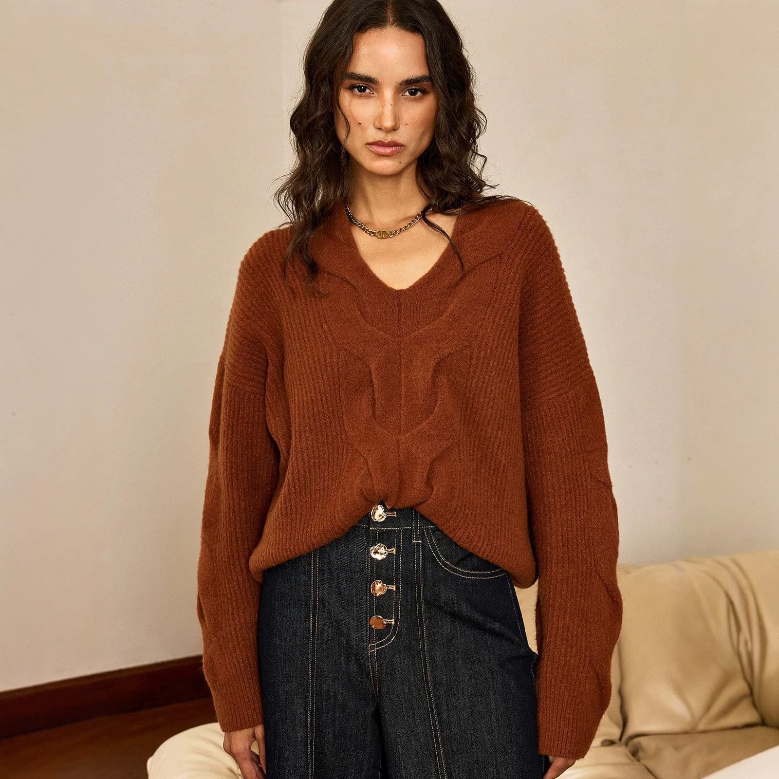 2026 Fall/Winter New European and American Plus Size Loose Pullover Knit Sweater, Amazon New Deep V-Neck Cable Knit Sweater