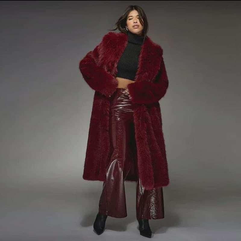 European and American Style Eco-Friendly Faux Fur Coat for Women Winter Thick Plush Long Coat with Fox Fur Collar Loose Fit