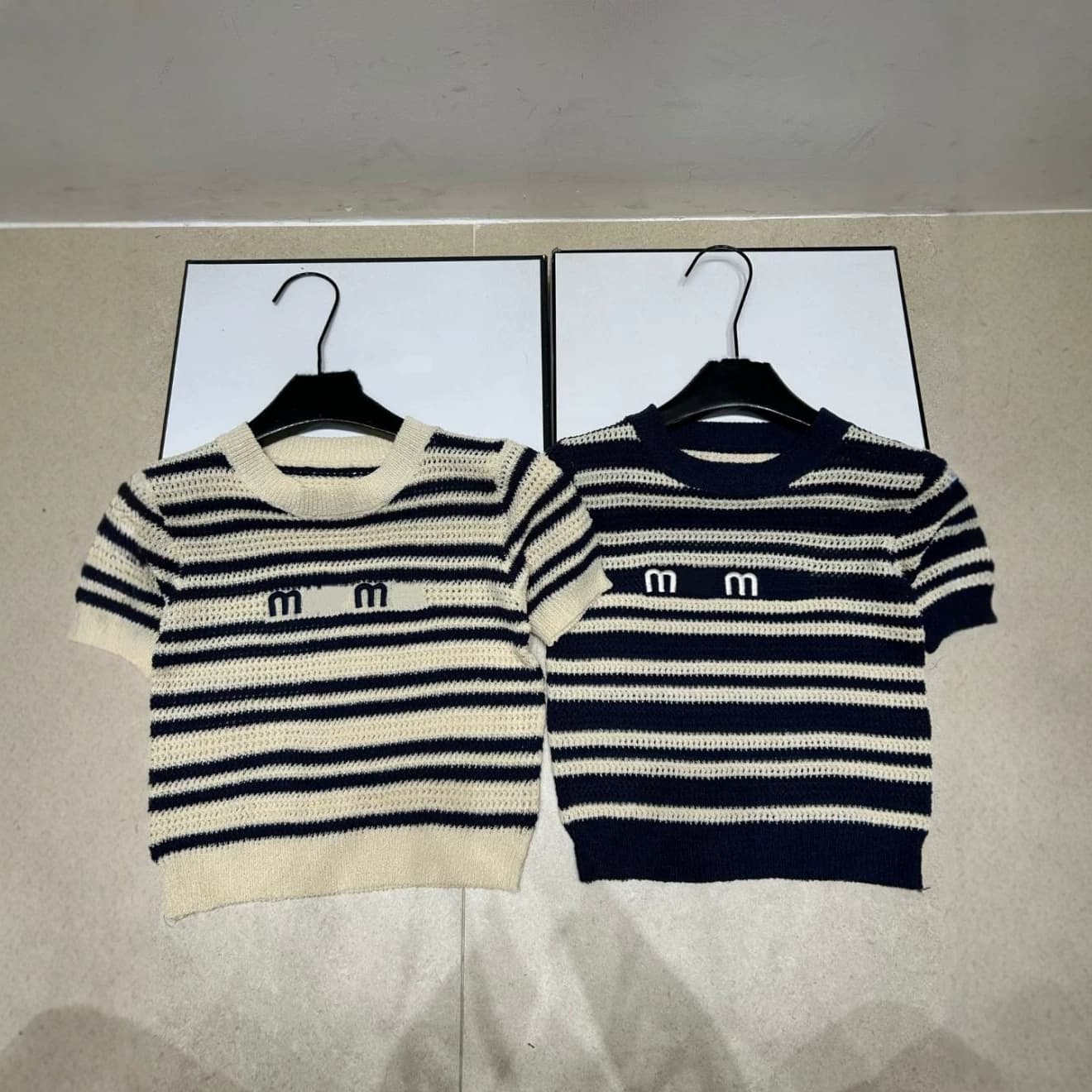 Trendy Knit M-Inter Letter Stripe Hollow Short Sleeve Pullover Loose Versatile Top 26 Summer New Arrival