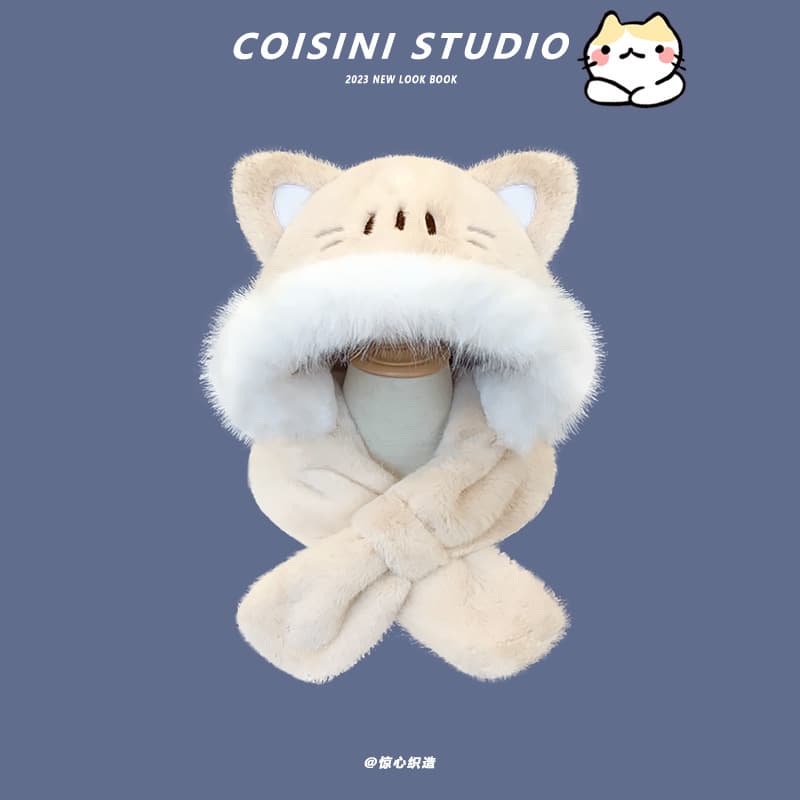Japanese Style Cute Cat Hat and Scarf Two-Piece Set, Women's Autumn Winter Warm Versatile Plush Ear Protection Lei Feng Hat