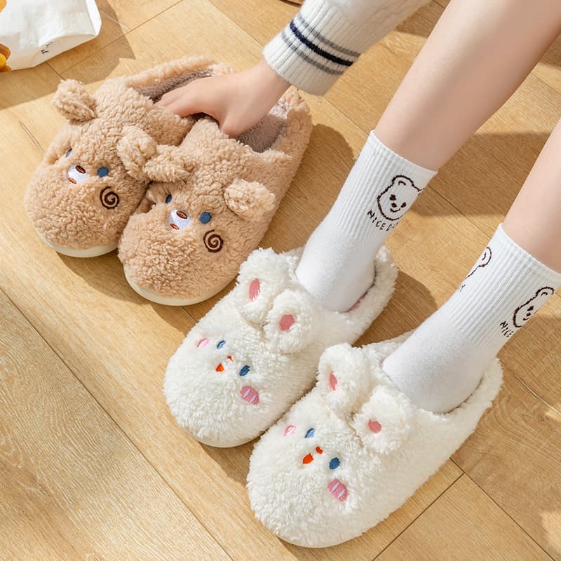 Women's Home Cotton Slippers for Autumn and Winter, Indoor Non-Slip, Fleece-Lined Warm, Cute Rabbit Plush, Maternity Slippers