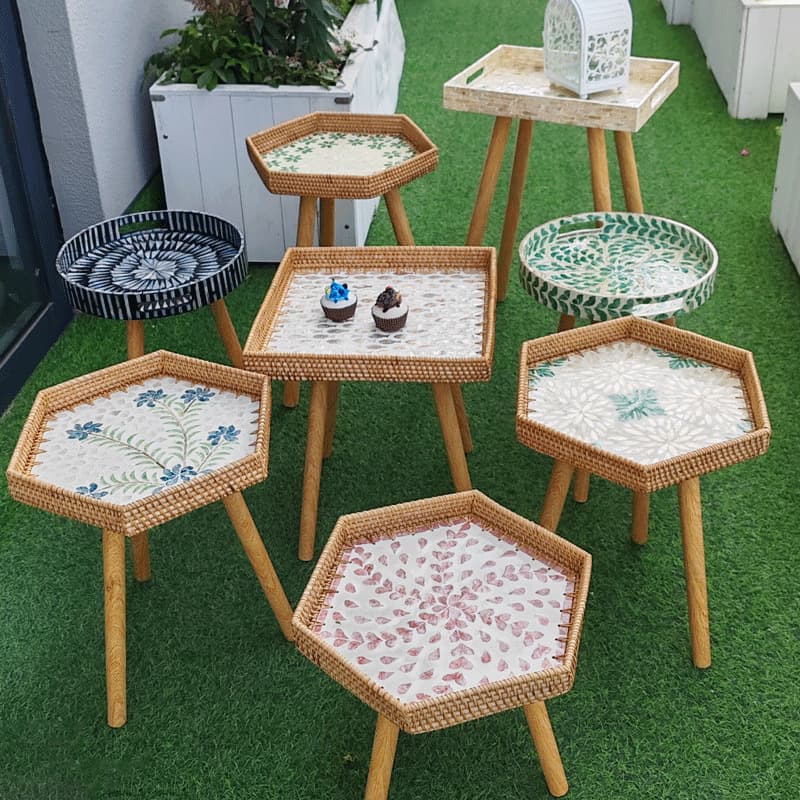 Bedside Solid Wood Rattan Woven Small Coffee Table, Living Room Sofa Side Table, Homestay Small Round Table, Balcony Small Tea Table, Home Storage