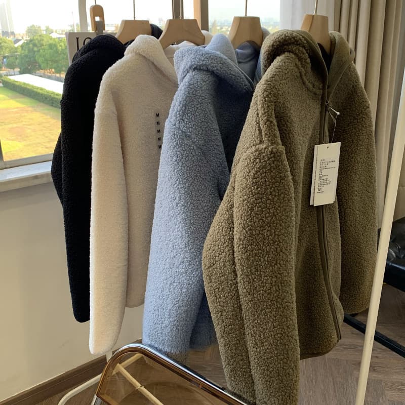 Japanese Single U~ Winter New Double-Sided Fleece Thick Warm Lambswool Solid Color Jacket Fleece Hooded Coat for Women