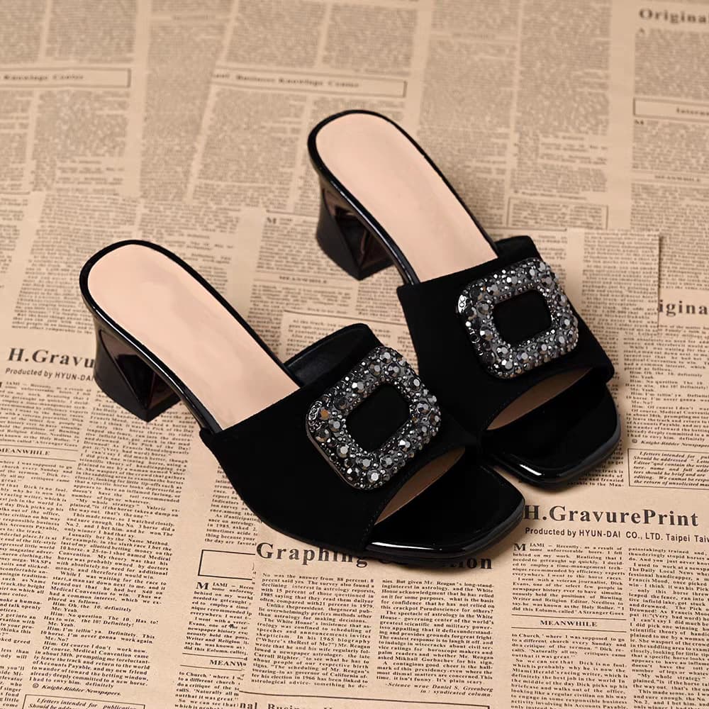 Summer high-heeled sandals, square toe, thick heels, fish mouth open toe slip-ons for women, fashionable square buckle mom shoes, slippers for women
