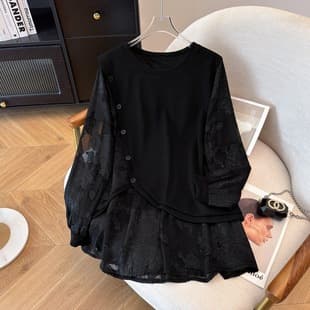 Plus Size Women's Fashion Fake Two-Piece Layering T-Shirt Top for Bust 150 cm, Extra Large, New Autumn